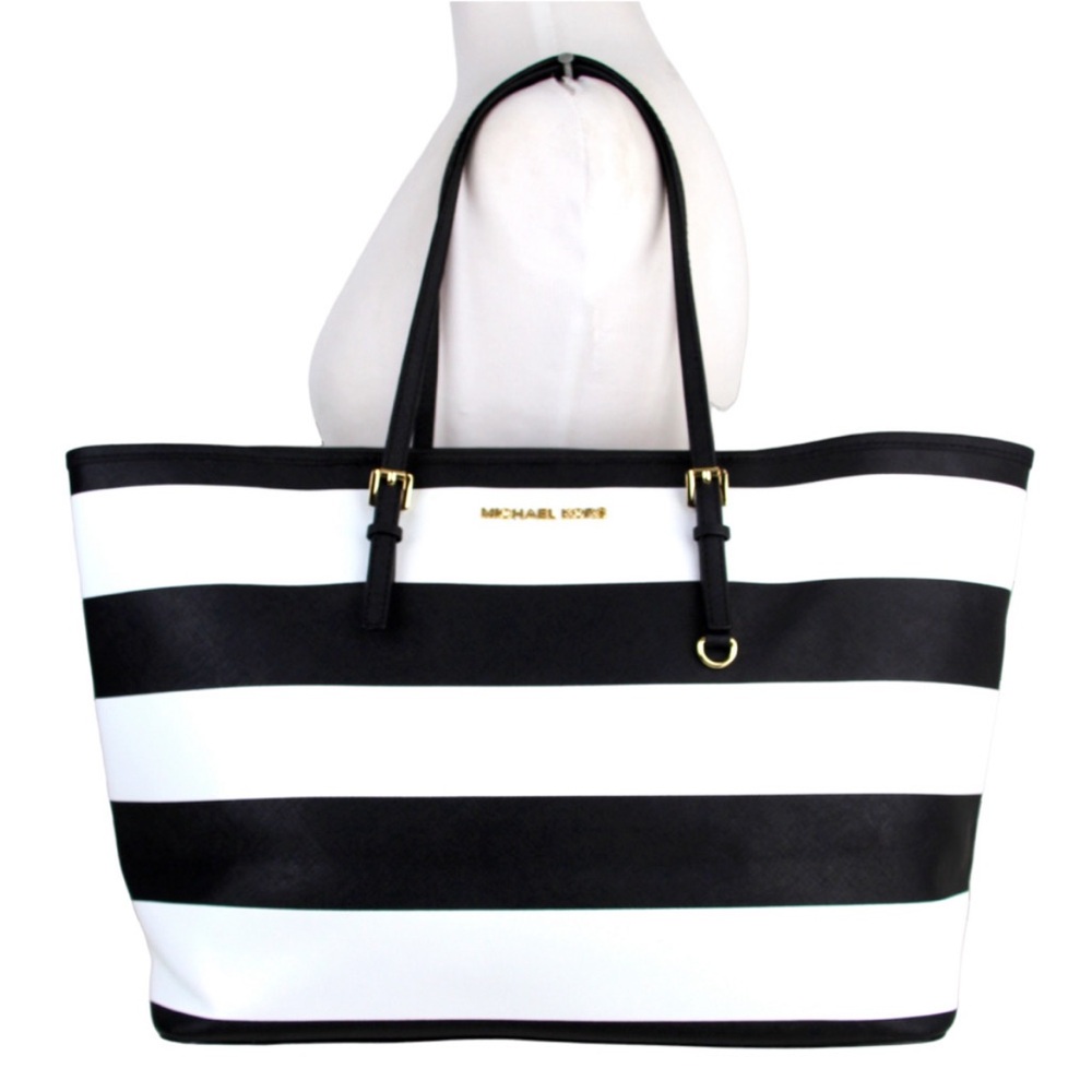 LRG Michael Kors BLACK WHITE FAUX LEATHER LOGO SHOULDER BAG TOTE HANDBAG PURSE